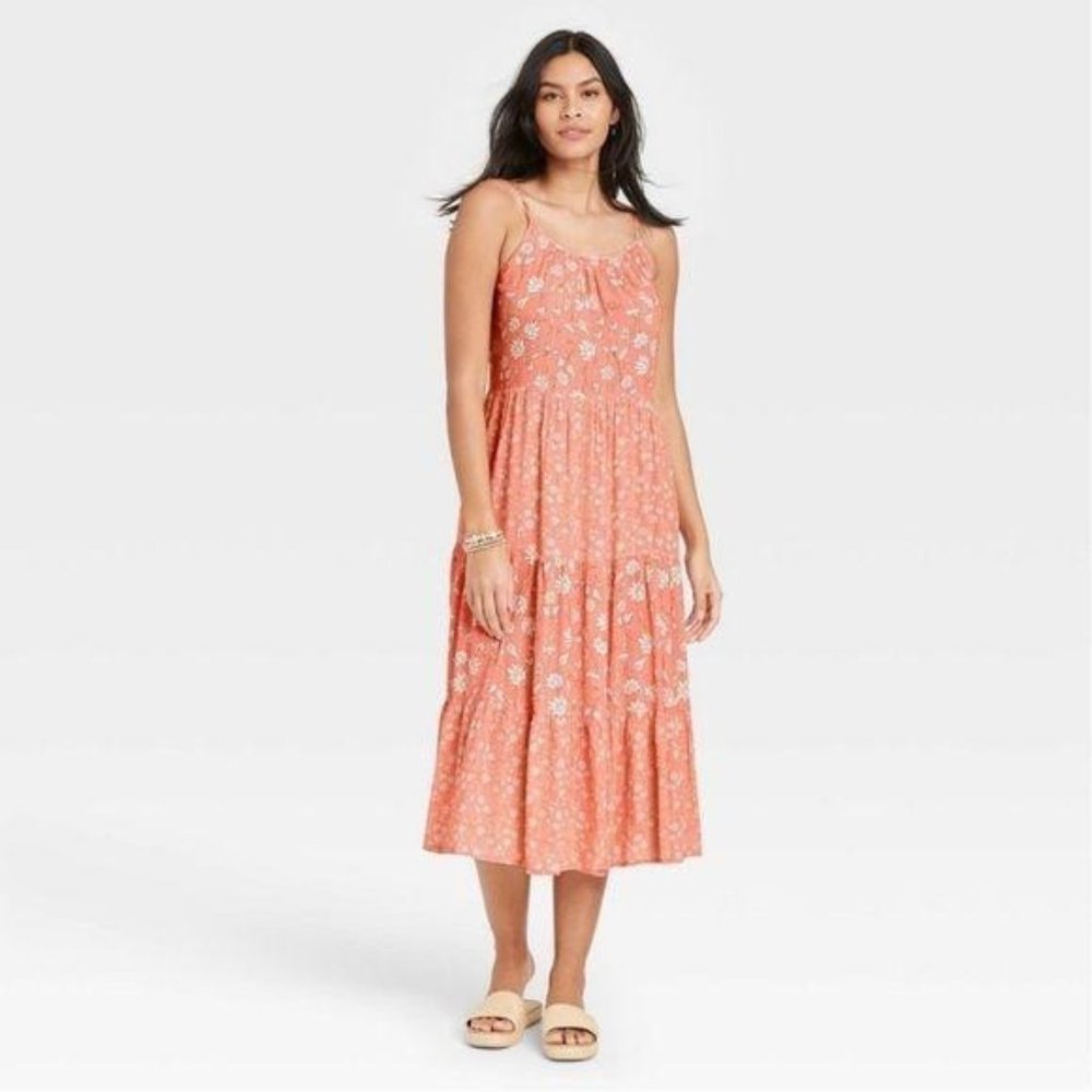 Tank Midi Dress Tier Floral Coral Pink Sleeveless